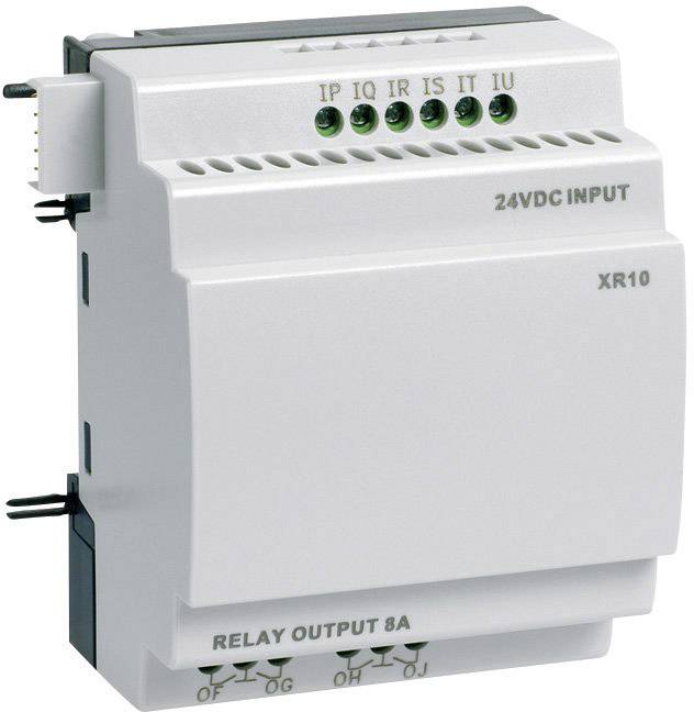 XR10 Relaismodul mit 24VDC Eingang und 8A Relaisausgang. Anschlüsse markiert als IP, IQ, IR, IS, IT, IU, OF, OG, OH, QJ.