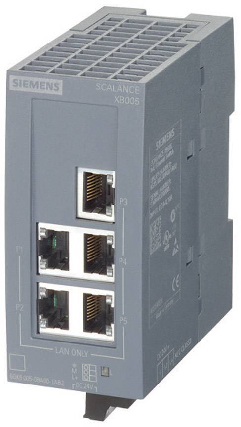Ein grauer Netzwerk-Switch von Siemens, Modell Scalance XB005, mit fünf Ethernet-Ports auf der Vorderseite.