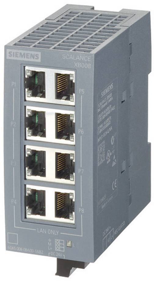 Netzwerk-Switch, grau, Marke Siemens, Modell Scalance XB008, Vorderansicht mit acht Ethernet-Ports.