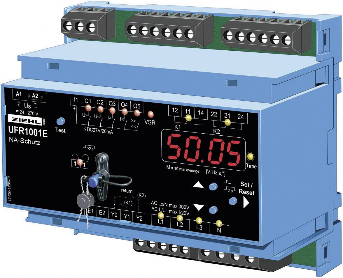 Elektronisches Schutzgerät, Modell UFR1001E, zeigt '50,05' auf digitaler Anzeige an, um Spannungs- und Frequenzüberwachung durchzuführen.