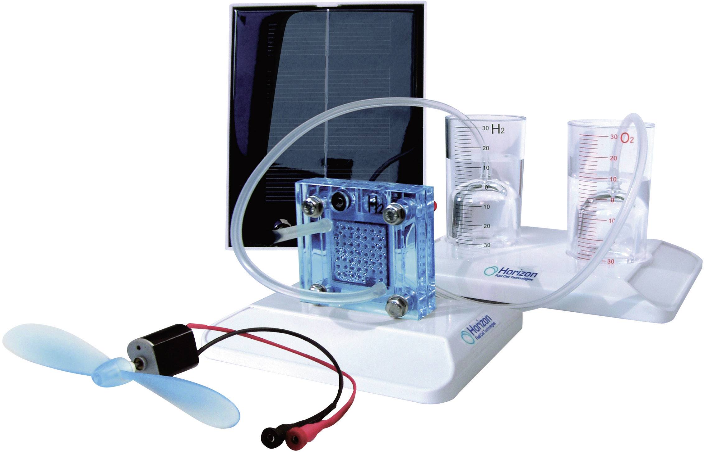 Brennstoffzellen-Modell mit Solarpanel, zwei Messbechern und Propeller. Demonstriert Energieumwandlung von Sonnen- zu Wasserstoffenergie.