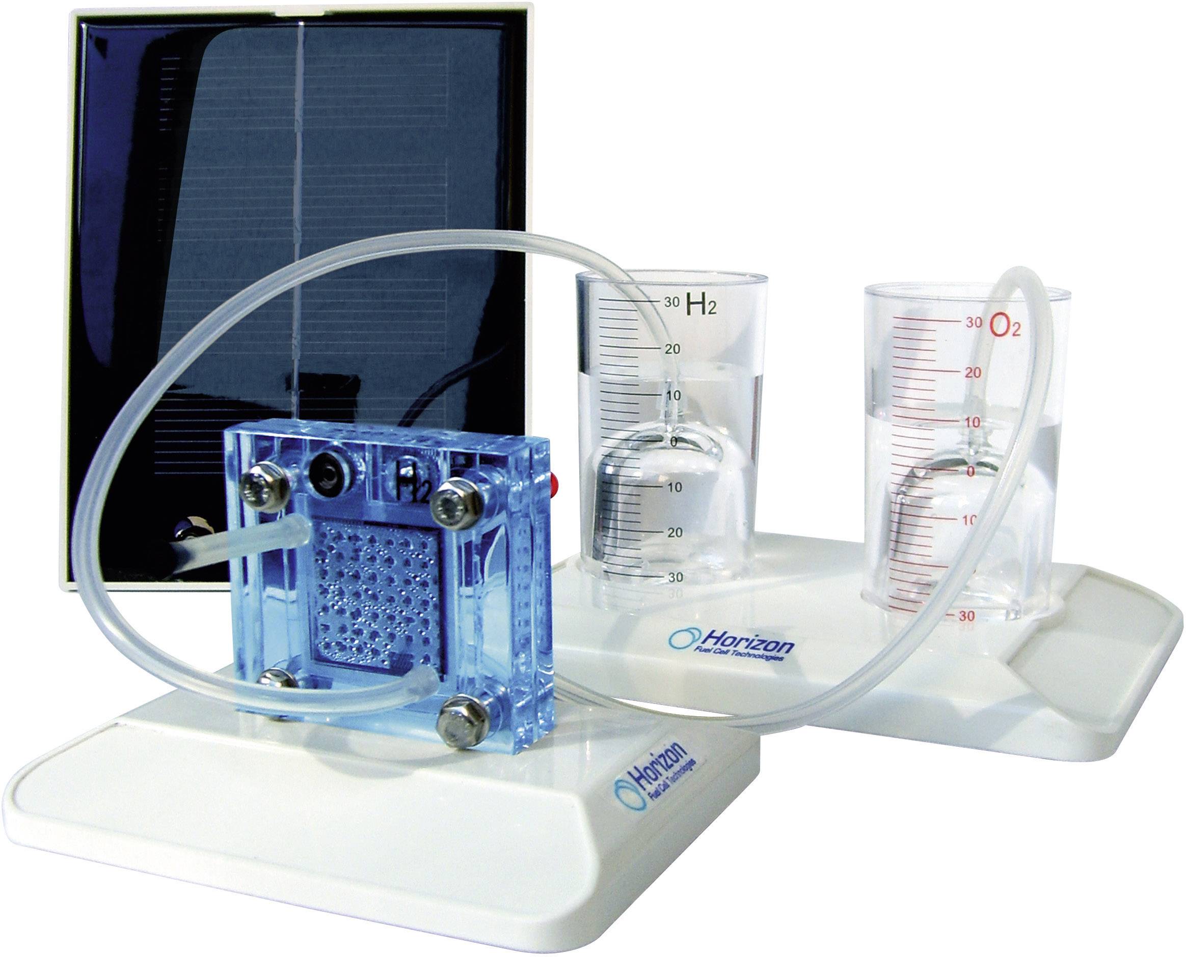 Brennstoffzellen-Experimentierset mit Solarpanel und zwei Messzylindern für Wasserstoff und Sauerstoff in einem Laboraufbau.