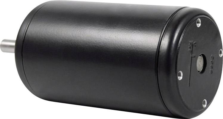 Schwarzer zylindrischer Elektromotor mit herausragender Metallachse, geeignet für technische Anwendungen.