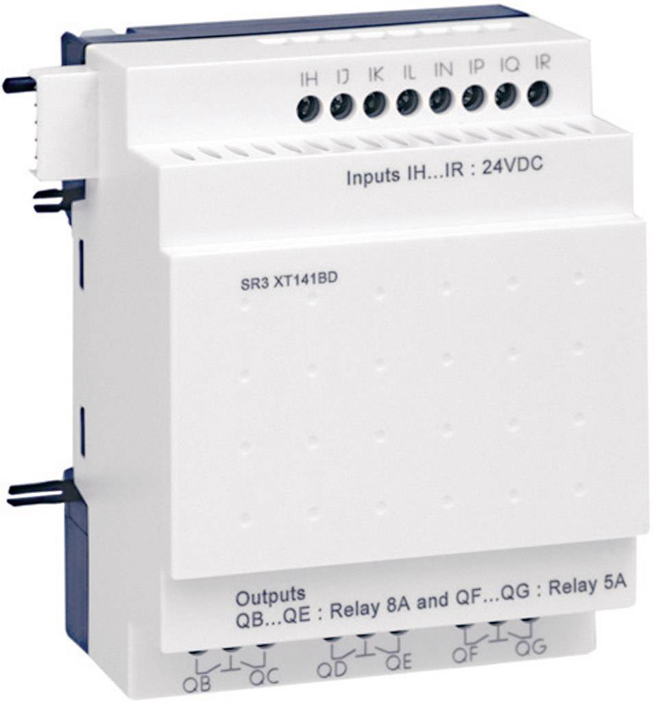 Ein weißes elektronisches Modul mit der Aufschrift 'Inputs IH...IR: 24VDC' und 'Outputs QB...QE: Relay 8A and QF...QG: Relay 5A'.