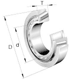 Technische Zeichnung eines Kugellagers mit Angaben zu Durchmesser (D, d) und Breite (T).