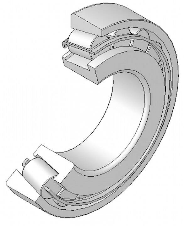 Querschnitt eines Wälzlagers. Zeigt Innen- und Außenring mit Kugeln zwischen ihnen. Technische Illustration zur Funktionserklärung.