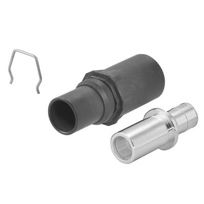 Ein schwarzer Zylinder neben einem silbernen Adapter auf weißem Hintergrund. Links daneben eine kleine Metallklemme.