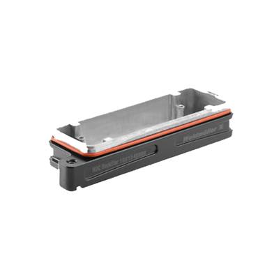 Ein rechteckiges, metallisches elektronisches Bauteil mit orangefarbenem Dichtungselement, das für elektrische Verbindungen genutzt wird.