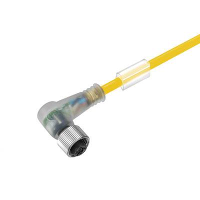 Ein gelbes, gewinkeltes Kabel mit einem Steckverbinder am Ende, das für elektrische Verbindungen genutzt wird.