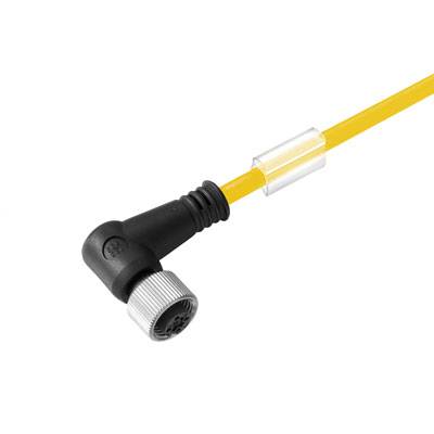 Ein gelbes Kabel mit einem schwarzen, rechtwinkligen Stecker und Metallgewinde. Geeignet für industrielle oder technische Anwendungen.