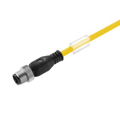 Gelbes Verbindungskabel mit schwarzem Stecker und Metallgewinde, typischerweise für industrielle Anwendungen oder Maschinenverkabelung.