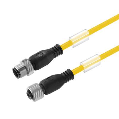 Gelbes Kabel mit schwarzem und silbernem Stecker, geeignet für industrielle Anwendungen.