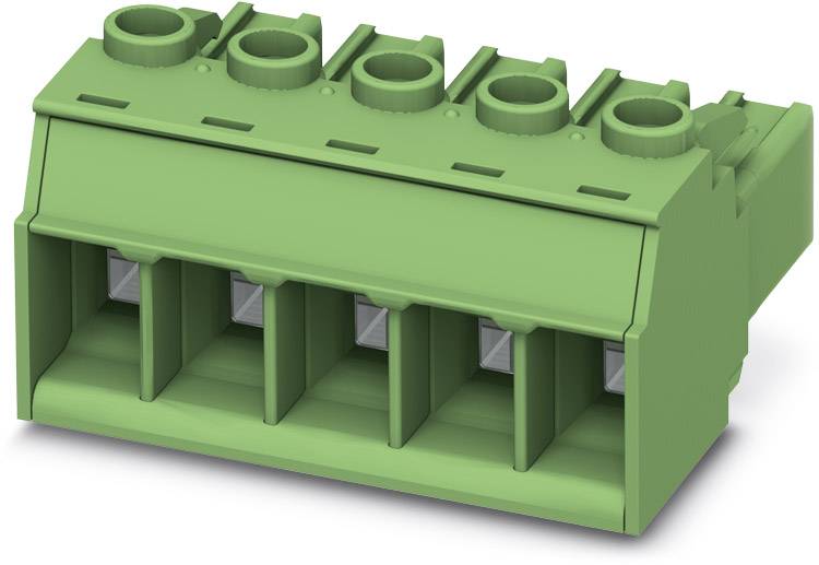 Grüner, rechteckiger Steckverbinder mit fünf vertikalen Anschlussstellen, geeignet für elektronische Hardware-Verbindungen.