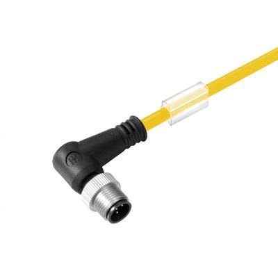Gelbes Kabel mit einem schwarzen, rechtwinkligen Stecker und silbernem Gewinde. Das Kabel hat eine transparente Schutzhülle an der Verbindung.