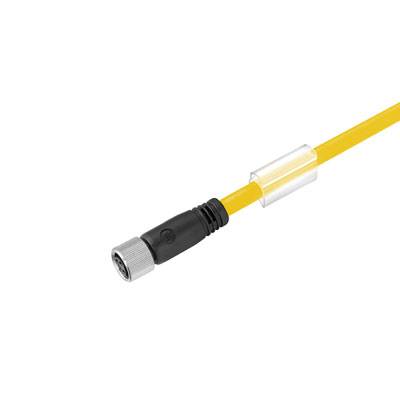 Gelbes Kabel mit einem Steckverbinder am Ende, isoliert auf weißem Hintergrund.