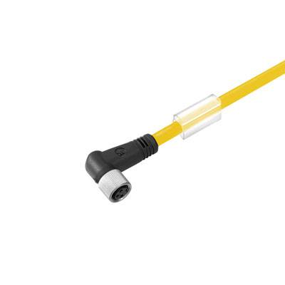 Gelbes Kabel mit schwarzem Winkelstecker, fest verbunden durch eine transparente Hülse. Ideal für elektrische Verbindungen.