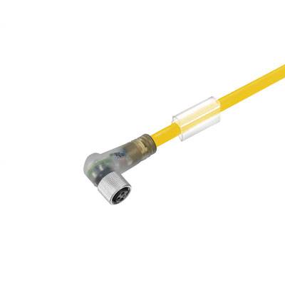Gelbes Anschlusskabel mit einem Winkelstecker, geeignet für elektrische Verbindungen in industriellen Anwendungen.