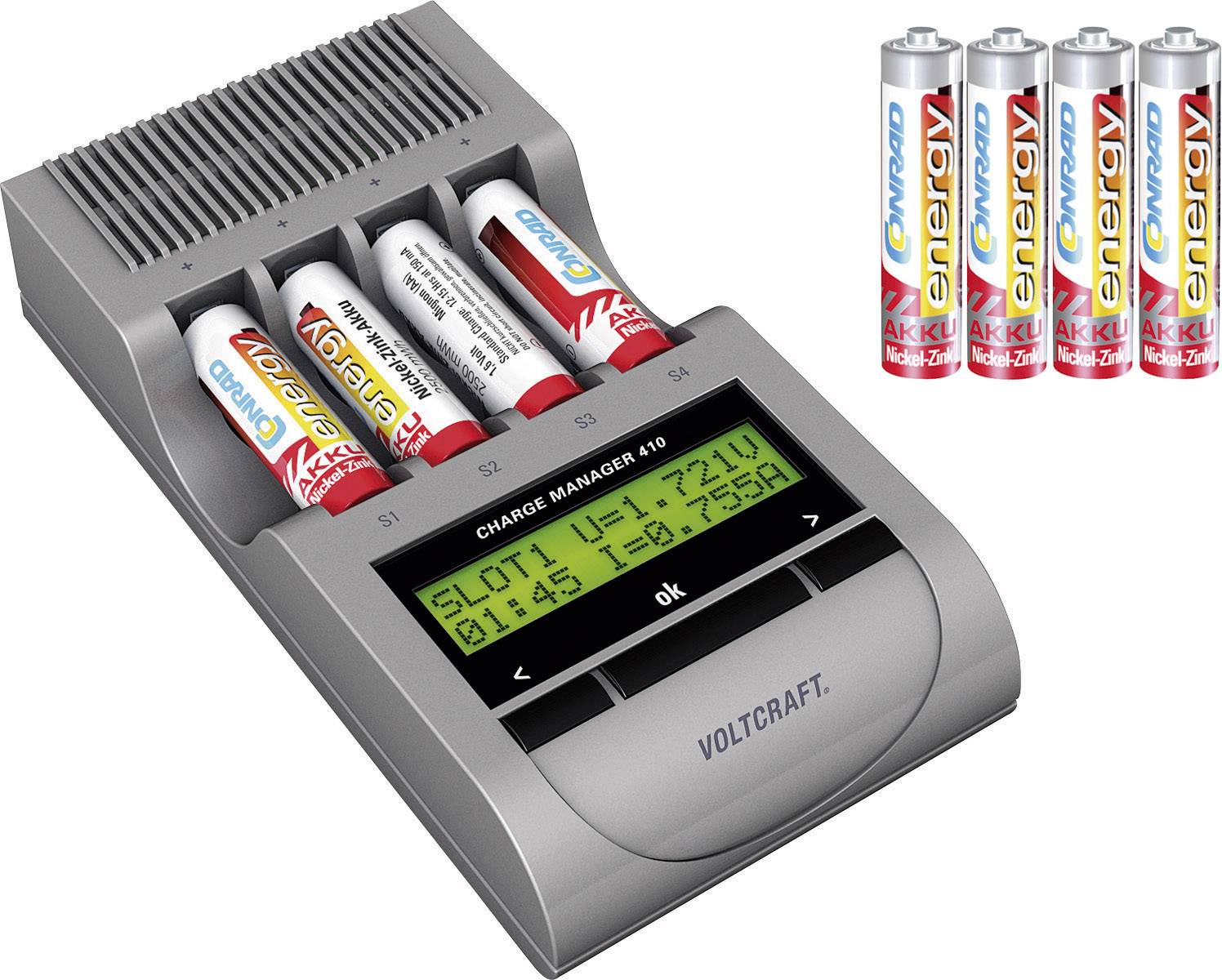 VOLTCRAFT Charge Manager CM410 Rundzellen-Ladegerät NiCd, NiMH, NiZn Micro (AAA), Mignon (AA)