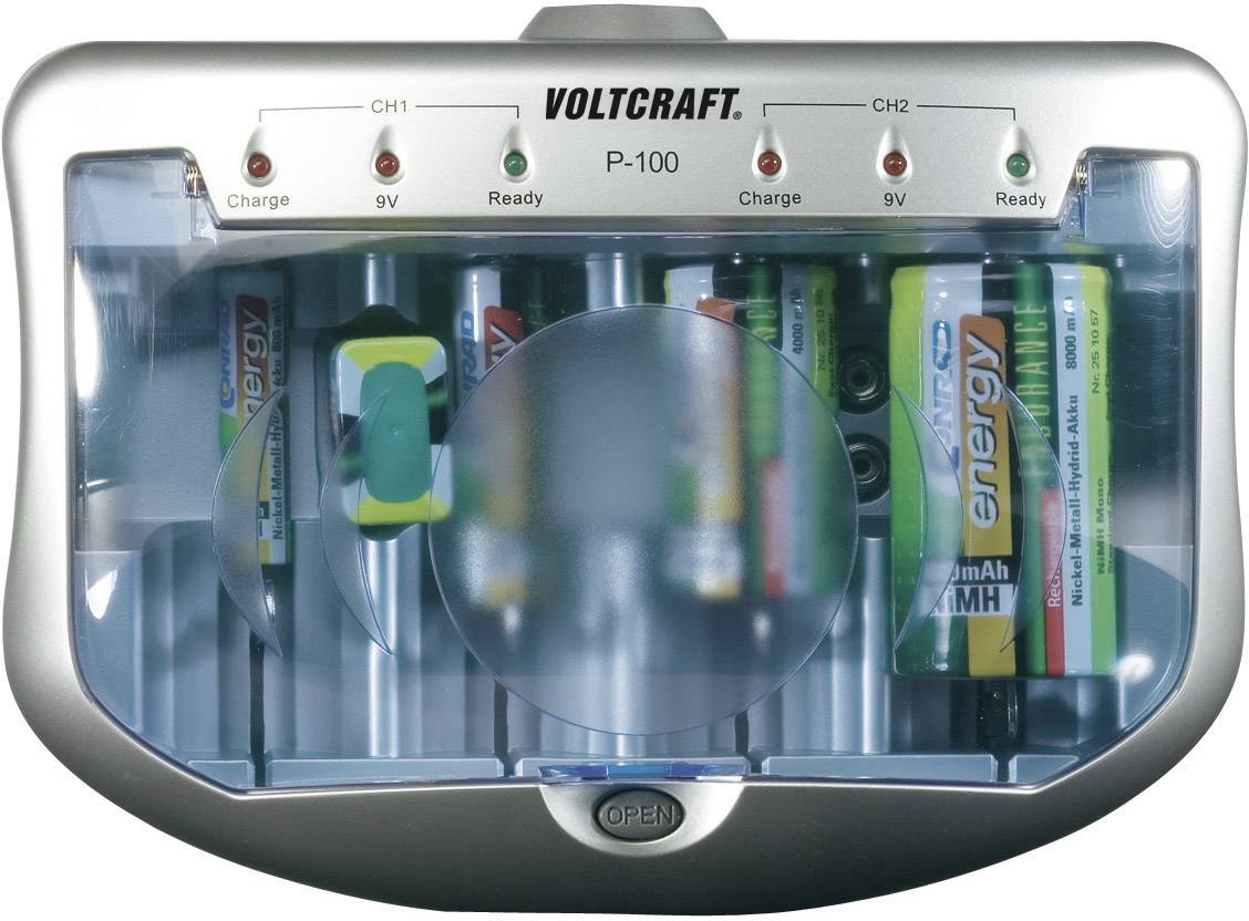 VOLTCRAFT P-100 Rundzellen-Ladegerät NiMH, NiCd Micro (AAA), Mignon (AA), Baby (C), Mono (D), 9 V Block