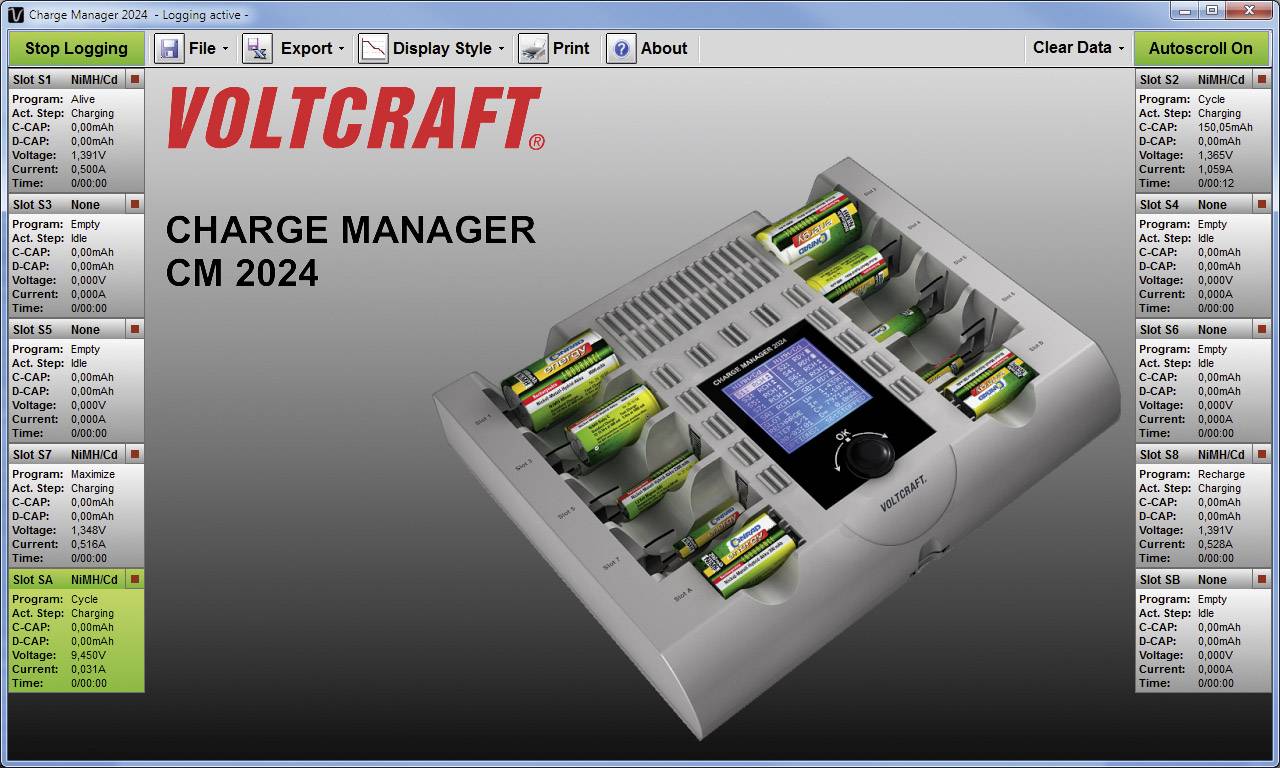 Akkuladegerät mit acht AA-Batterien im Ladevorgang. LCD-Display zeigt Ladeinformationen an. 'VOLTCRAFT CHARGE MANAGER CM 2024' steht links.
