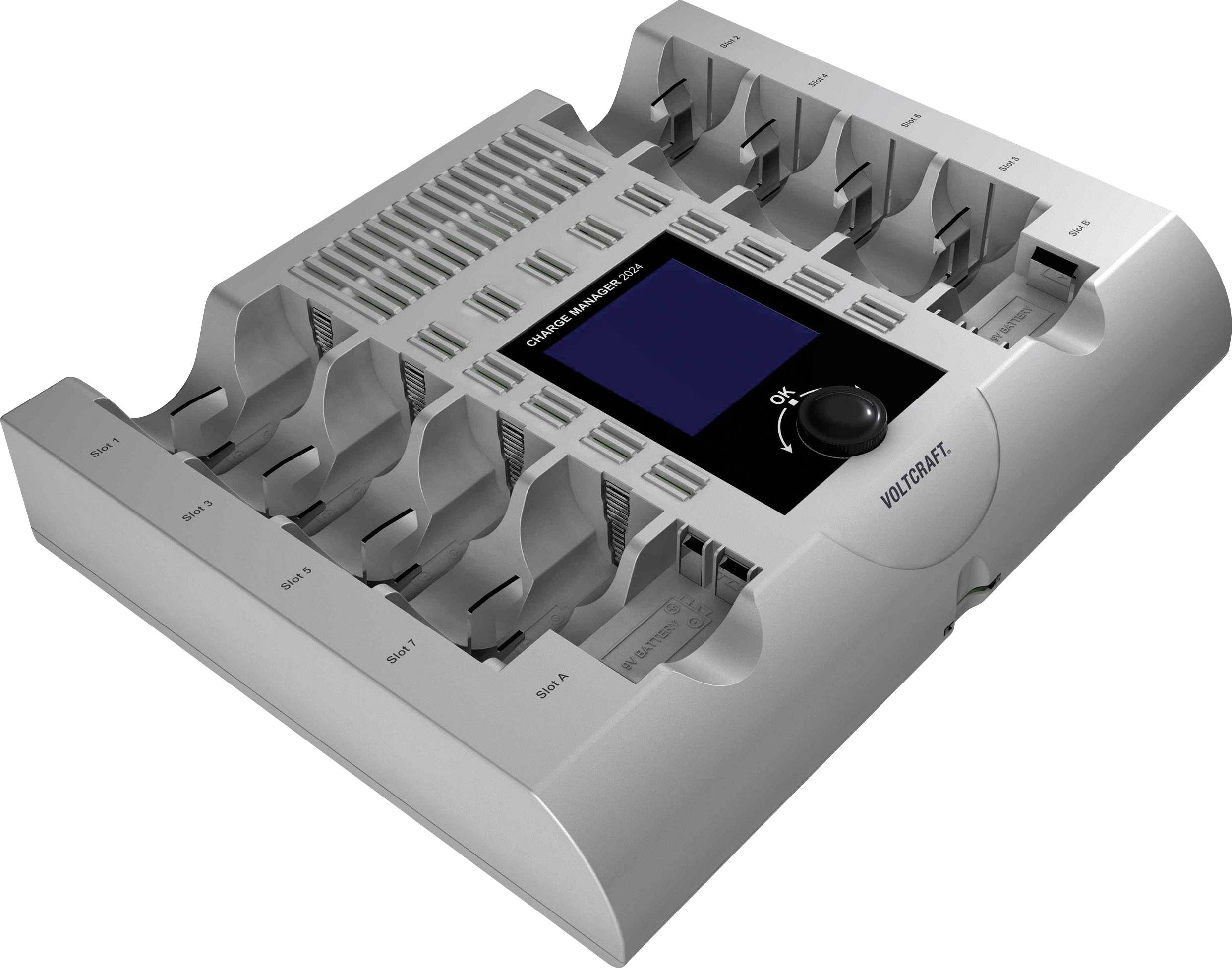 Ladegerät mit einem digitalen Display und mehreren Ladeschächten für verschiedene Batterietypen. Markiert mit 'Voltcraft'.