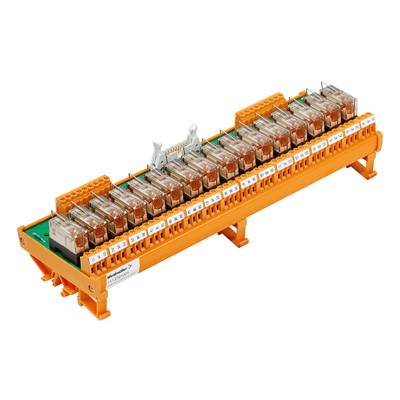 Mehrreihige orangefarbene Relaisbaugruppe mit durchsichtigen Gehäusen und weißen Anschlussklemmen, montiert auf einer elektrischen Schiene.