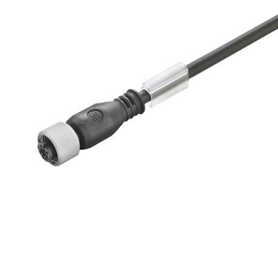 Ein schwarzes Kabel mit einem speziellen Anschluss und einem grauen Schraubverschluss. Es könnte Teil eines elektronischen Geräts sein.