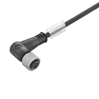 Ein schwarzes, abgewinkeltes Kabel mit grauem Anschlussstecker auf weißem Hintergrund, möglicherweise für technische Geräte.