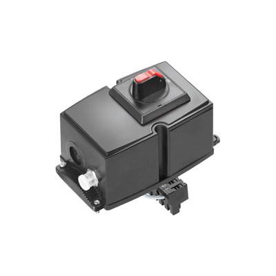 Ein schwarzer elektrischer Schalter mit Drehknopf und Kabelverbindung. Der Schalter hat eine rote Markierung für 'Ein/Aus'-Einstellung.