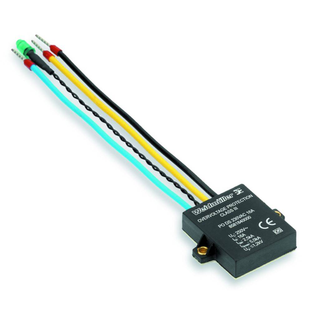 Überspannungsschutzgerät mit schwarzem Gehäuse, vier farbigen Kabeln (grün, rot, blau, gelb), für elektrischen Schutz konzipiert.