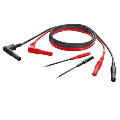 Ein Satz roter und schwarzer Messleitungen mit abgewinkelten Steckerenden und Prüfspitzen, geeignet für elektrische Messungen.