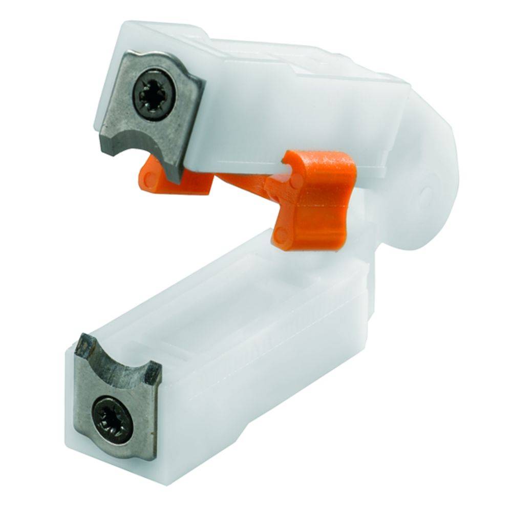 Ein weißer Anspitzer mit zwei Metallklingen und orangener Befestigung befindet sich in der Mitte des Bildes.