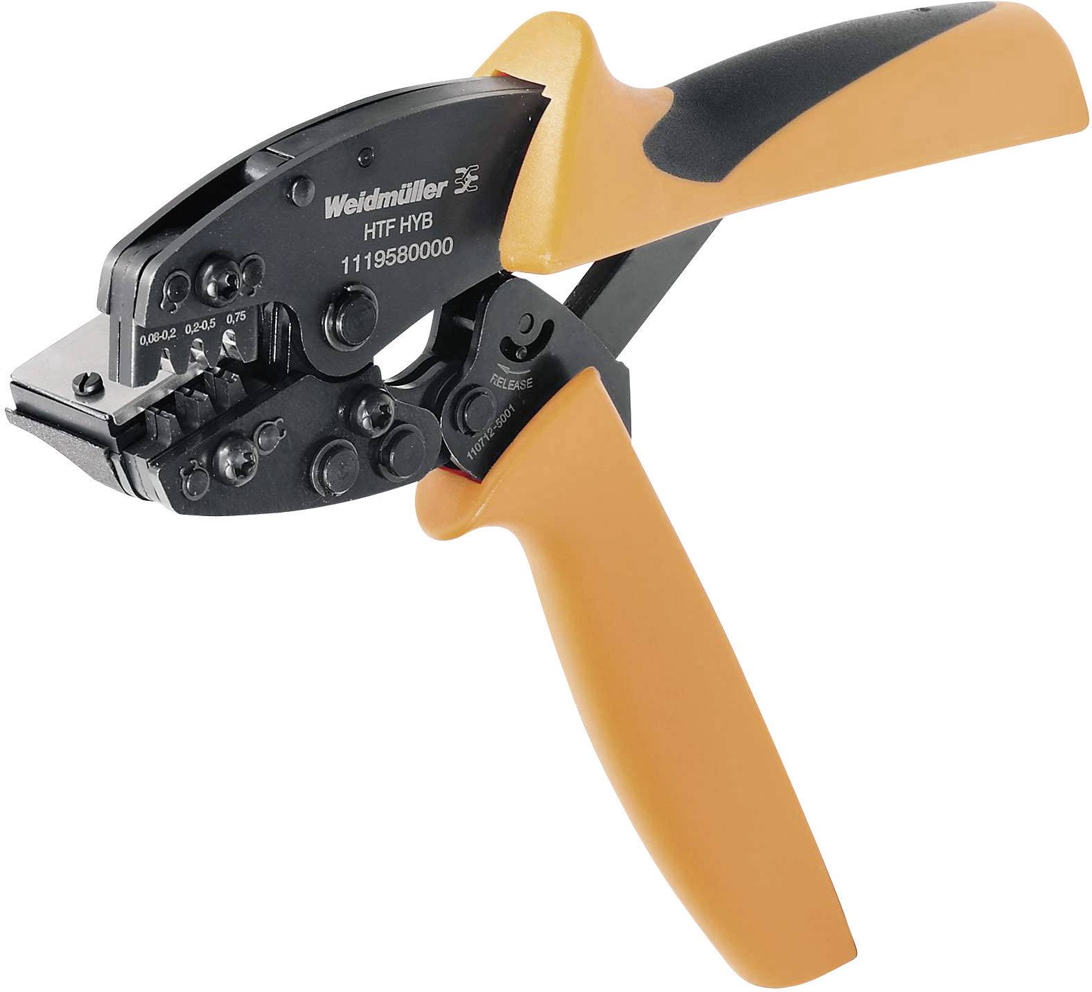 Eine orangefarbene Crimpzange mit schwarzem Mechanismus, geeignet für die Verarbeitung elektrischer Verbindungen.