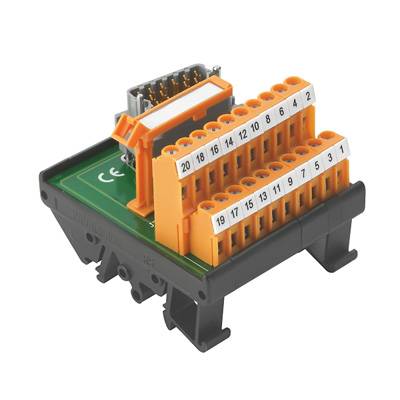 Ein orange-schwarzer elektrischer Steckverbinder mit nummerierten Klemmen 1 bis 20 und einem schwarzen Gehäuse.