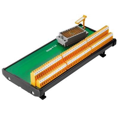Montagefertiges Interface-Panel mit Beschriftung 'Frontplate'. Enthält gelbe und orangefarbene Klemmleisten, eingebauter Steckverbinder.