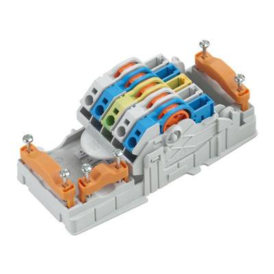 Mehrpolige WAGO-Klemme in verschiedenen Farben zur sicheren elektrischen Verbindung von Kabeln, geeignet für Industrieanwendungen.