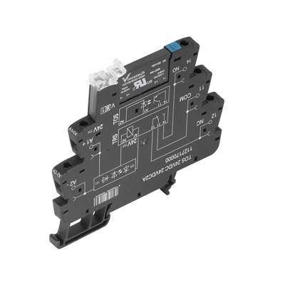 Ein schwarzes elektronisches Relaismodul mit weißen Markierungen und Diagrammen, das in ein elektrisches System integrierbar ist.