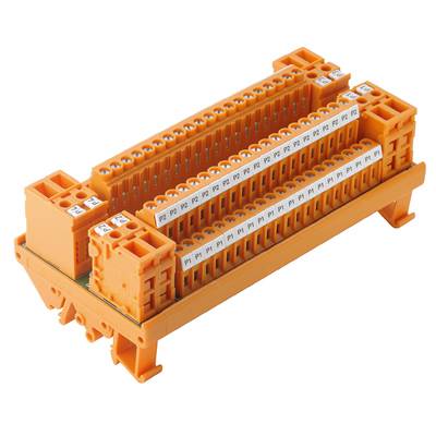 Ein orangefarbenes Steckmodul mit mehreren Anschlüssen auf zwei Ebenen, verwendet für die Verkabelung in elektronischen Systemen.