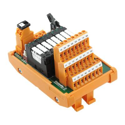 Ein orangefarbener elektrischer Steckverbinder mit nummerierten Anschlüssen, geeignet für industrielle Anwendungen.