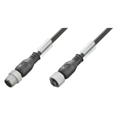 Zwei schwarze M12-Steckverbinder auf einem Kabel, einer mit Buchse, einer mit Stecker, zur industriellen Anwendung.