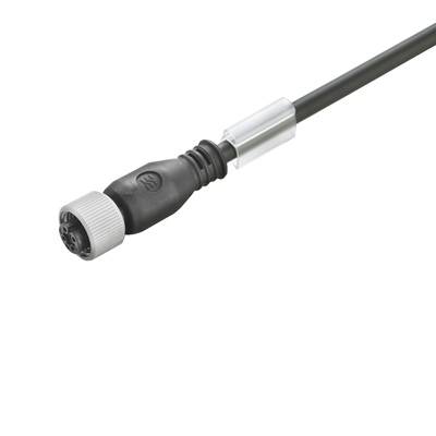 Ein schwarzes Kabel mit rundem Stecker und grauem Schraubverschluss. Der Stecker hat ein gerilltes Muster für besseren Halt.
