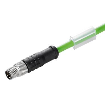 Ein grünes Kabel mit einem silbernen Stecker am Ende.