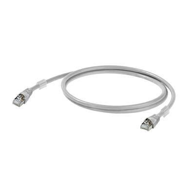Ein graues Ethernet-Kabel mit zwei Steckverbindern an den Enden, verwendet zur Verbindung von Netzwerkgeräten für schnelle Datenübertragung.