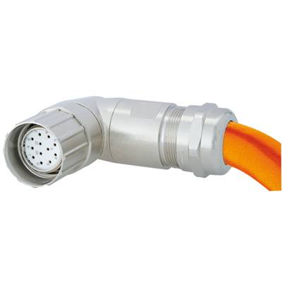 Ein gebogener Steckverbinder mit mehreren Pins, der an ein orangefarbenes Kabel angeschlossen ist. Geeignet für industrielle Anwendungen.