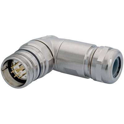 Ein rechtwinkliger Metallstecker mit mehreren Pins, geeignet für industrielle Anwendungen, dargestellt auf weißem Hintergrund.