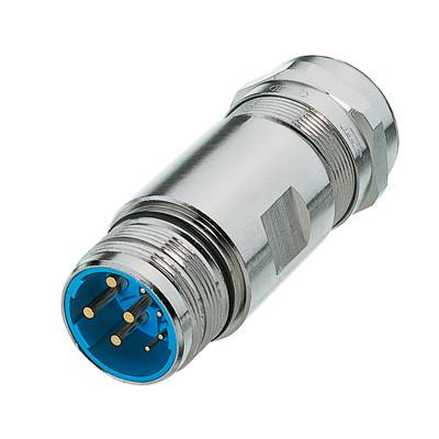 Ein Metallstecker mit blauer Kunststofföffnung und mehreren goldenen Kontakten, geeignet für industrielle oder elektronische Anwendungen.