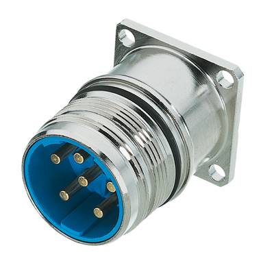 Ein silberner, runder elektrischer Stecker mit blauem Innenbereich und fünf goldenen Pins, montiert auf einer rechteckigen Metallplatte.