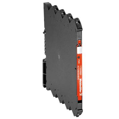 Ein schmales elektrisches Modul mit rotem Aufkleber, das in einem Schaltschrank für industrielle Anwendungen verwendet wird.