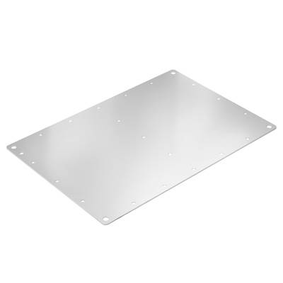 Metallplatte mit mehreren Löchern entlang der Kanten. Schlichte Oberfläche, keine sichtbaren Markierungen oder Strukturen.