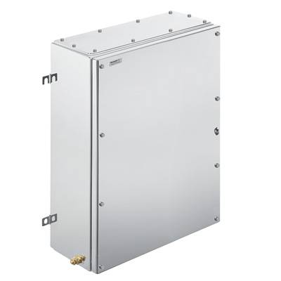 Metallischer Schrank mit seitlichen Halterungen und Schrauben an der Vorderseite. Geeignet für industrielle Anwendungen.